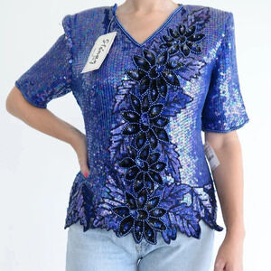 Vintage  Lord & Taylor Purple 100% Silk Deadstock Sequins Short Sleeve Blouse M